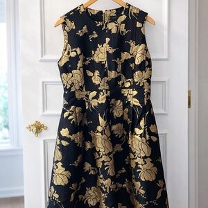 NWT Donna Karan NY Black Gold Metallic Floral Fit Flare Dress 12